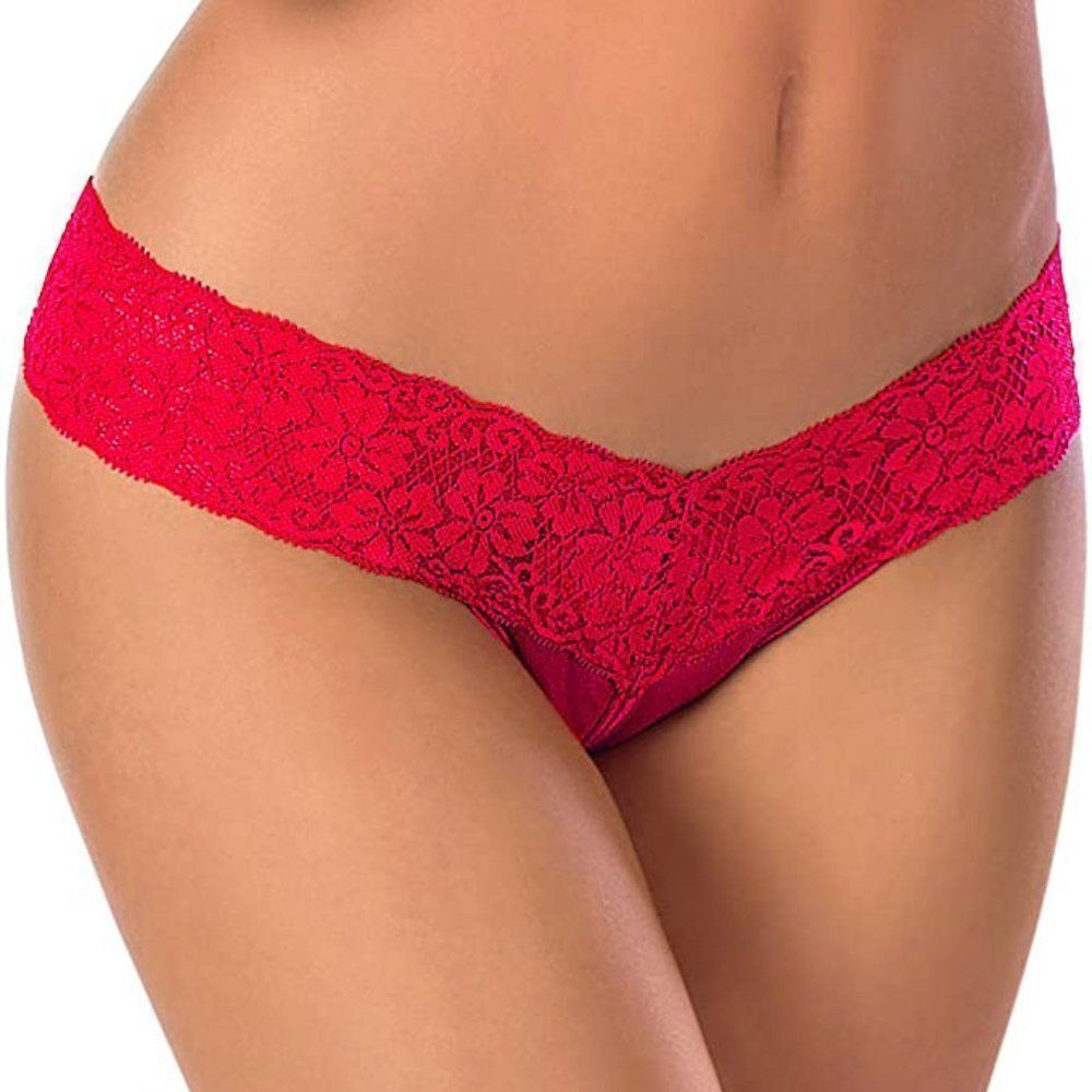 NEW Escante Women's Lace and Mesh Crotchless‎ Thong Coquette Red Lacey Panties